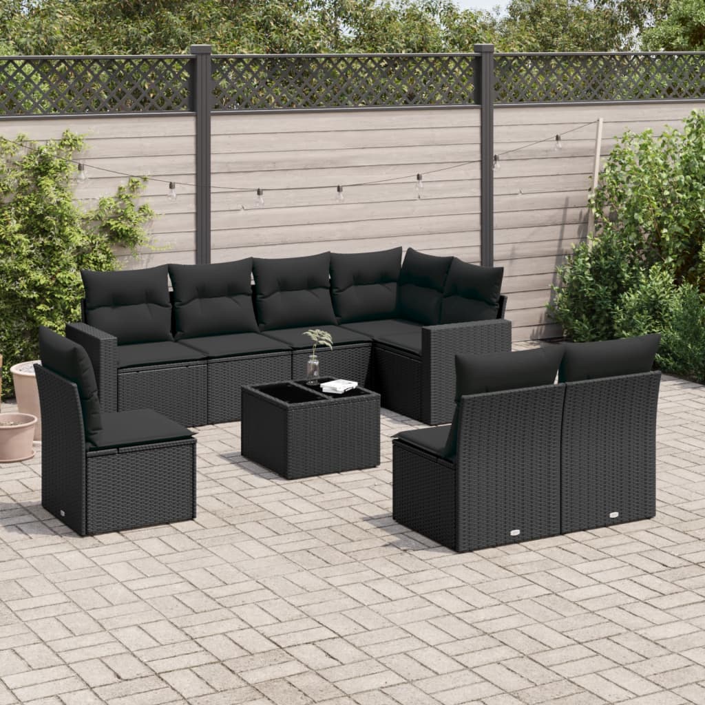 9 Pcs conjunto de sofás p/ jardim c/ almofadões vime PE preto