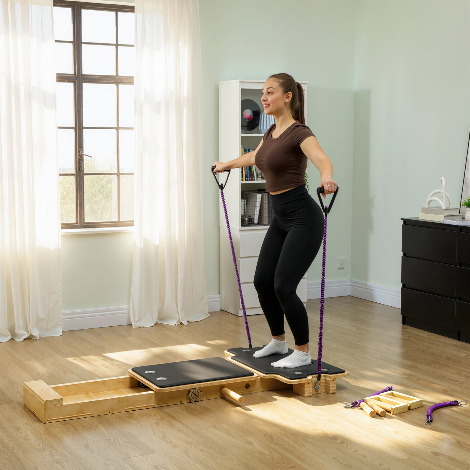 Mini reformer pilates com bandas de resistência pegas roda abdominal para treino de corpo completo 165x80x10 cm madeira