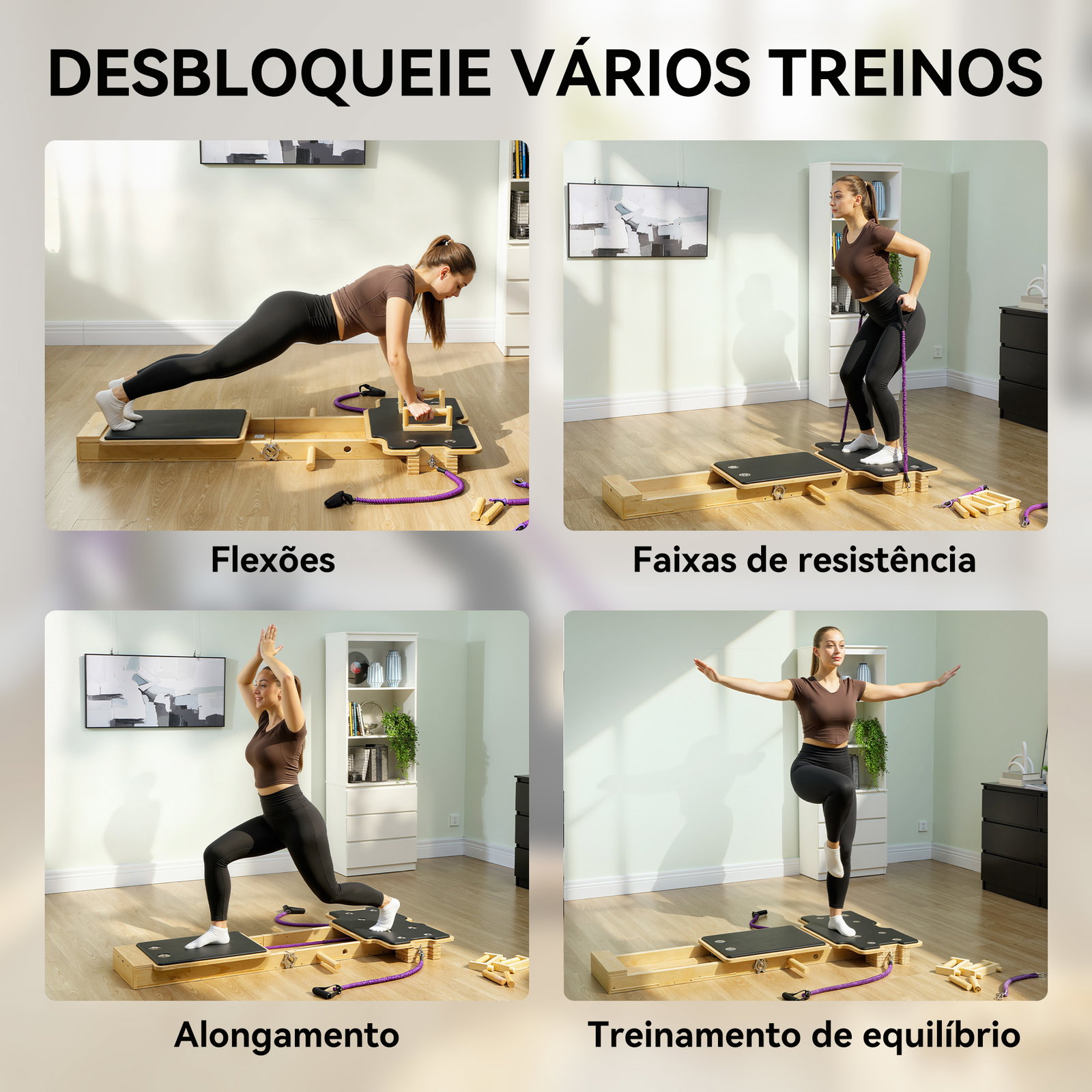 Mini reformer pilates com bandas de resistência pegas roda abdominal para treino de corpo completo 165x80x10 cm madeira
