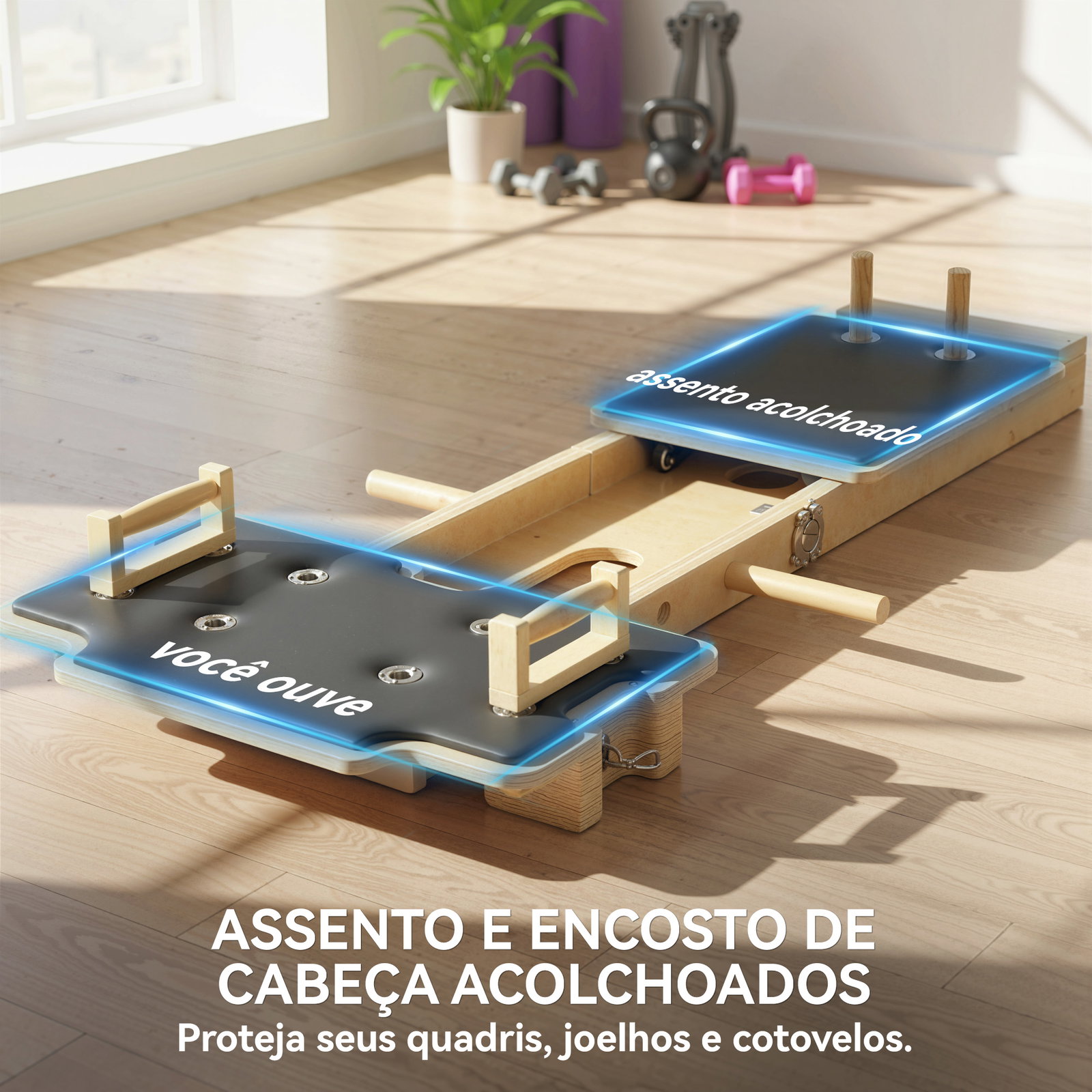 Mini reformer pilates com bandas de resistência pegas roda abdominal para treino de corpo completo 165x80x10 cm madeira