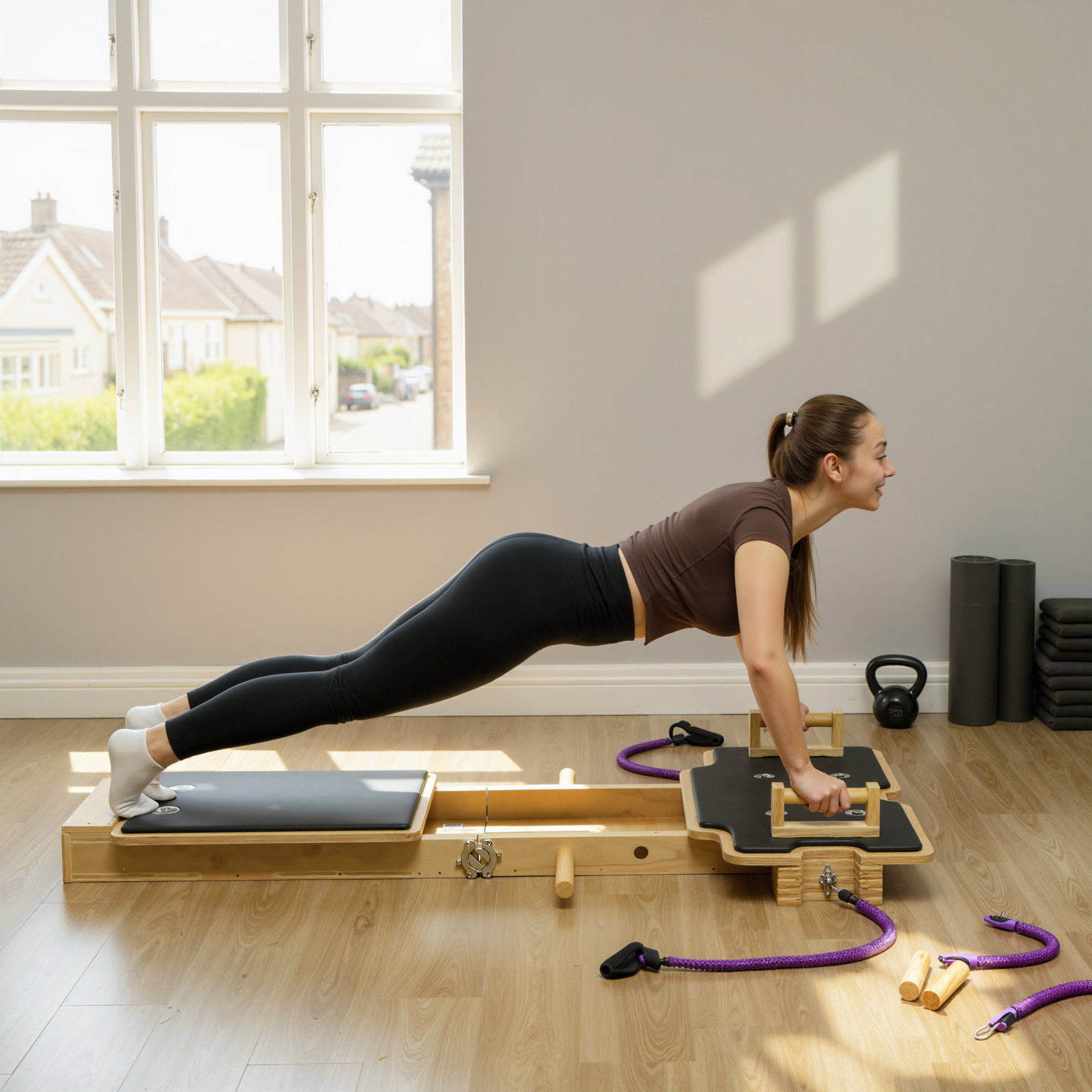 Mini reformer pilates com bandas de resistência pegas roda abdominal para treino de corpo completo 165x80x10 cm madeira