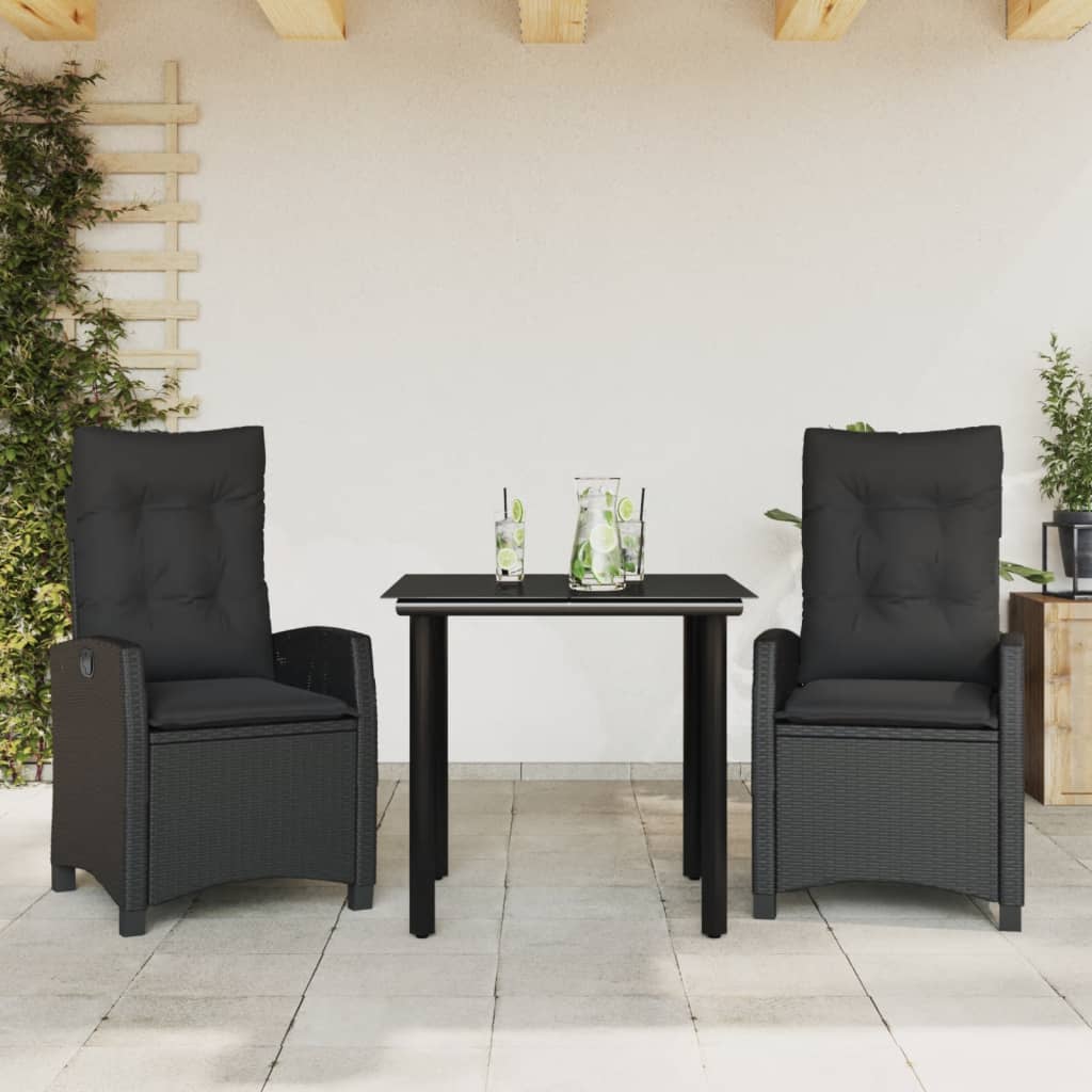 3 Pcs conjunto de jantar p/ jardim c/ almofadões vime PE preto