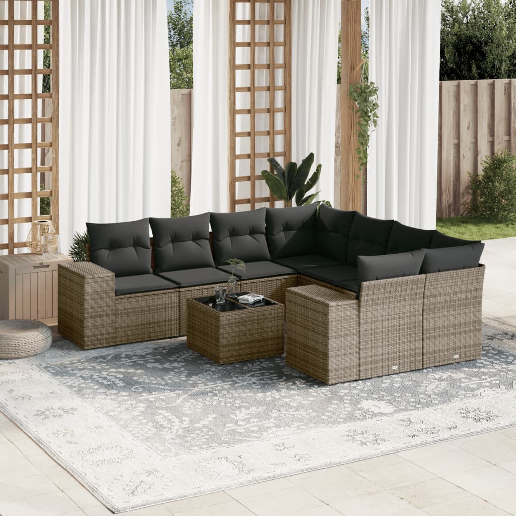 9 Pcs conjunto sofás p/ jardim com almofadões vime PE cinzento