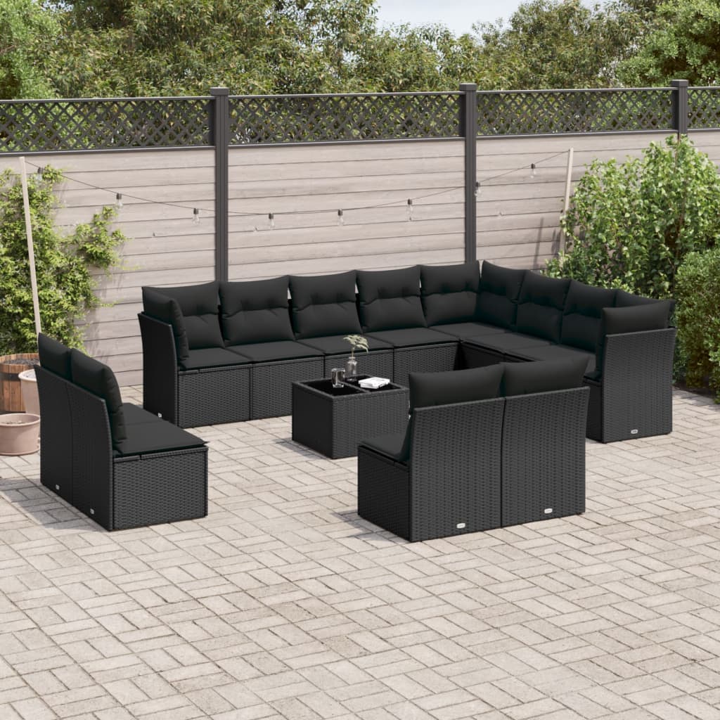 13 Pcs conjunto de sofás de jardim com almofadões vime PE preto