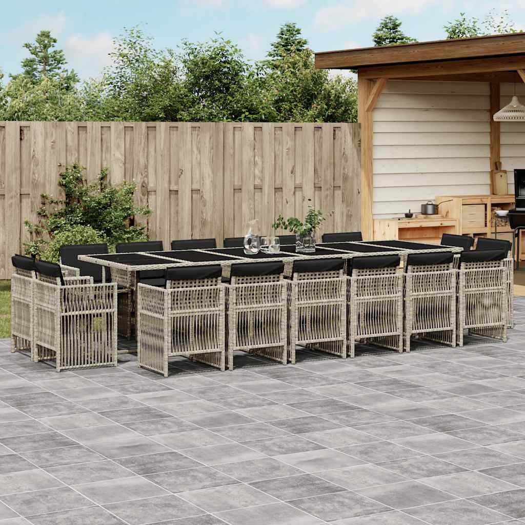 17 Pcs conj. jantar jardim c/ almofadões vime PE cinzento-claro