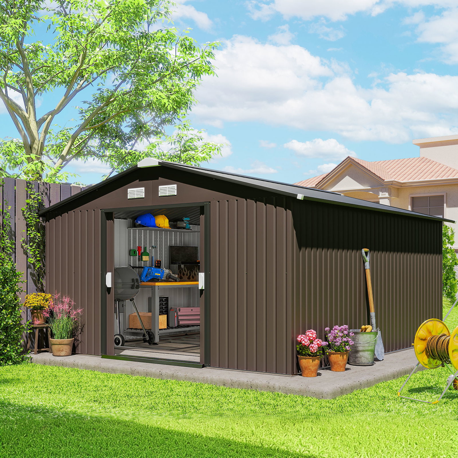 Abrigo de jardim exterior para armazenamento de ferramentas com 4 janelas 12,4 m² 340x386x200 cm marrom