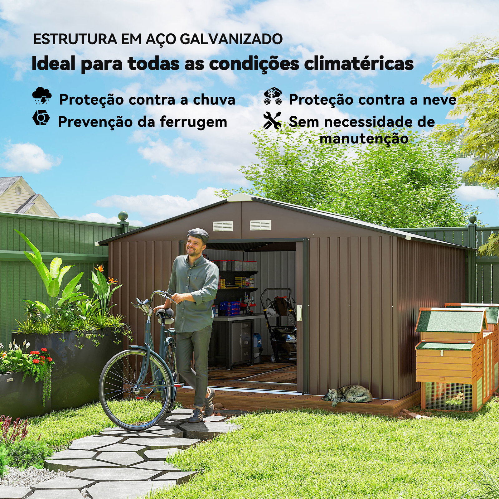 Abrigo de jardim exterior para armazenamento de ferramentas com 4 janelas 12,4 m² 340x386x200 cm marrom