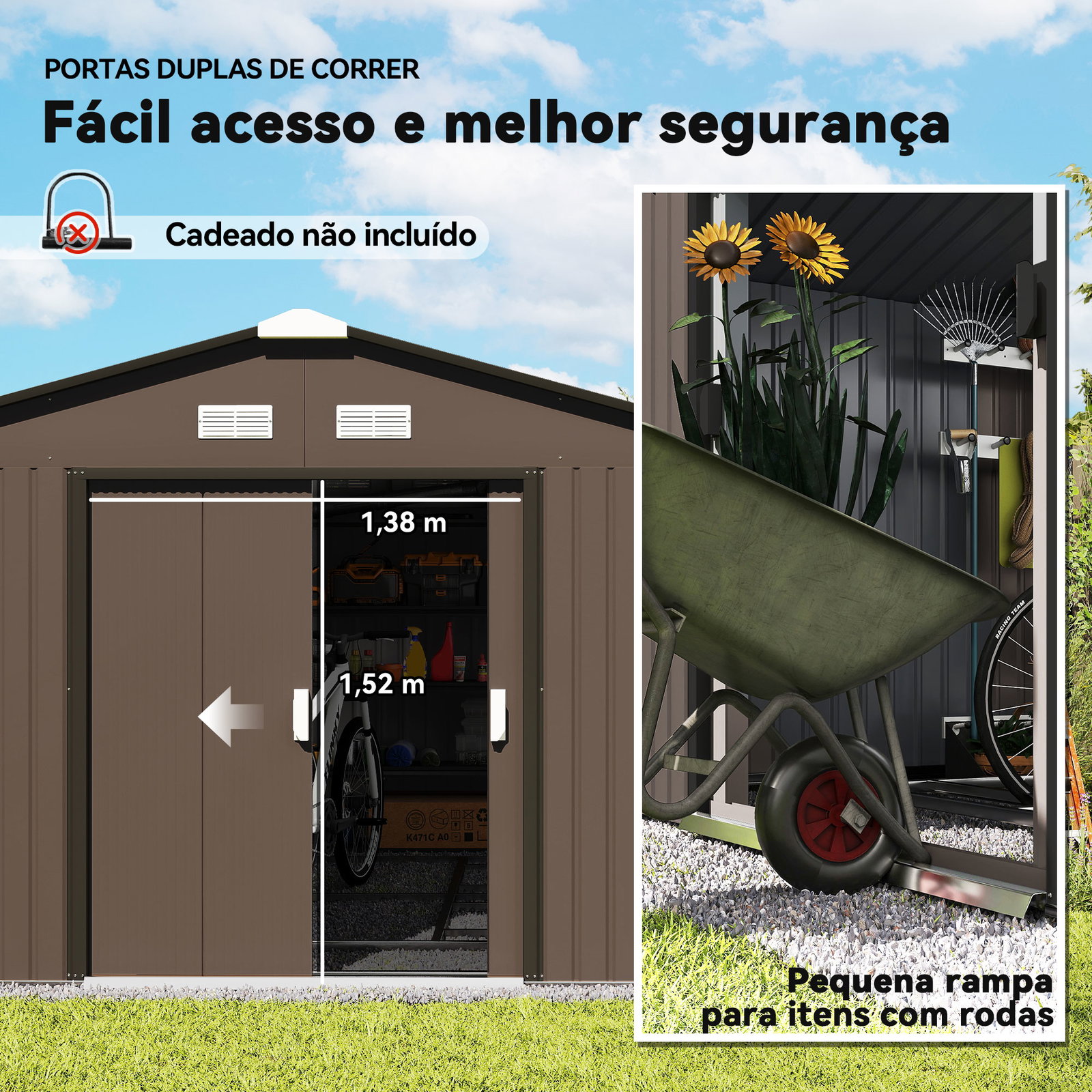 Abrigo de jardim exterior para armazenamento de ferramentas com 4 janelas 12,4 m² 340x386x200 cm marrom