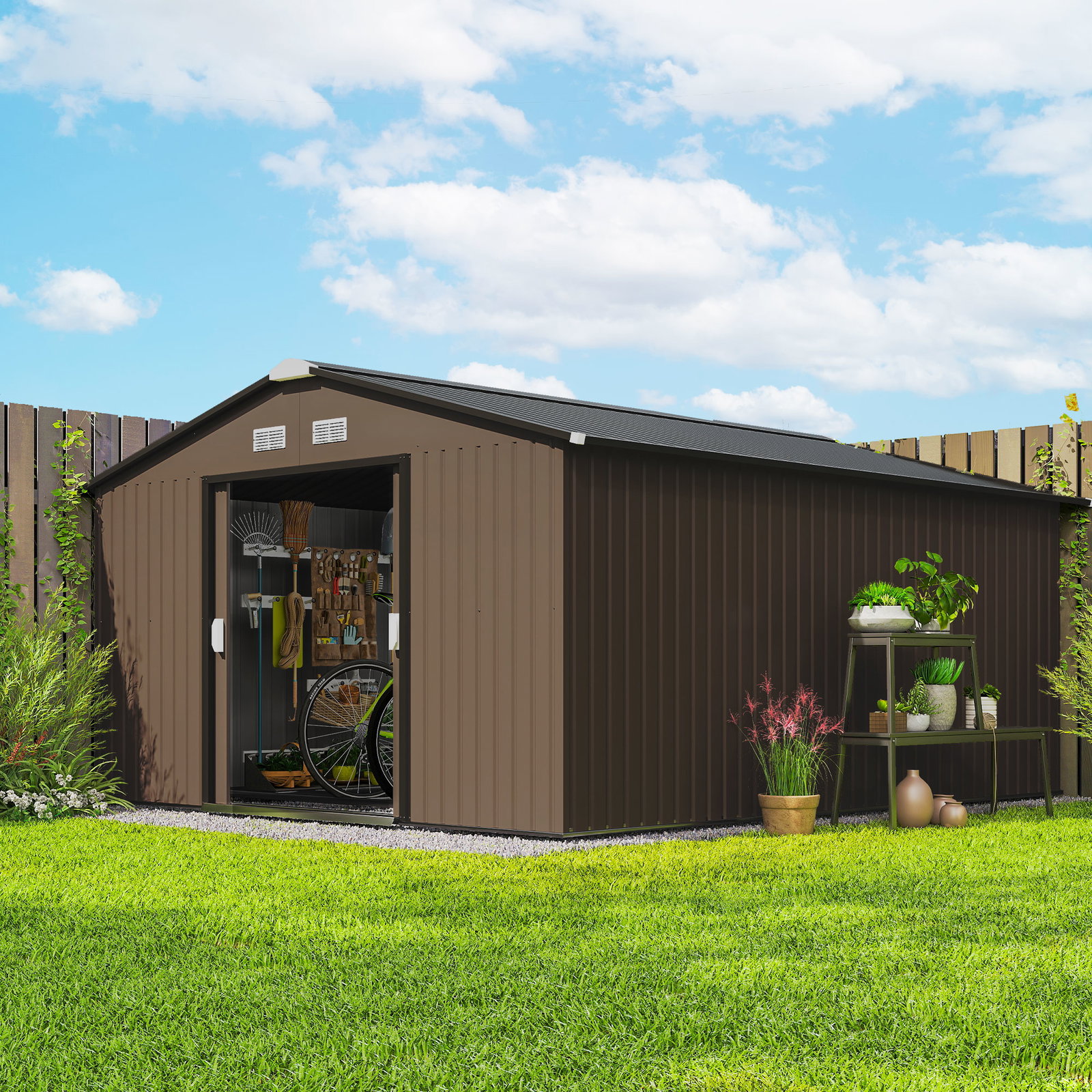 Abrigo de jardim exterior para armazenamento de ferramentas com 4 janelas 12,4 m² 340x386x200 cm marrom