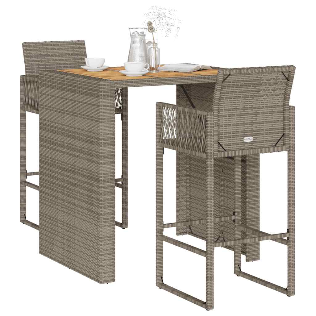 3 Pcs conj. bar jardim sem almofadões vime PE/acácia cinzento