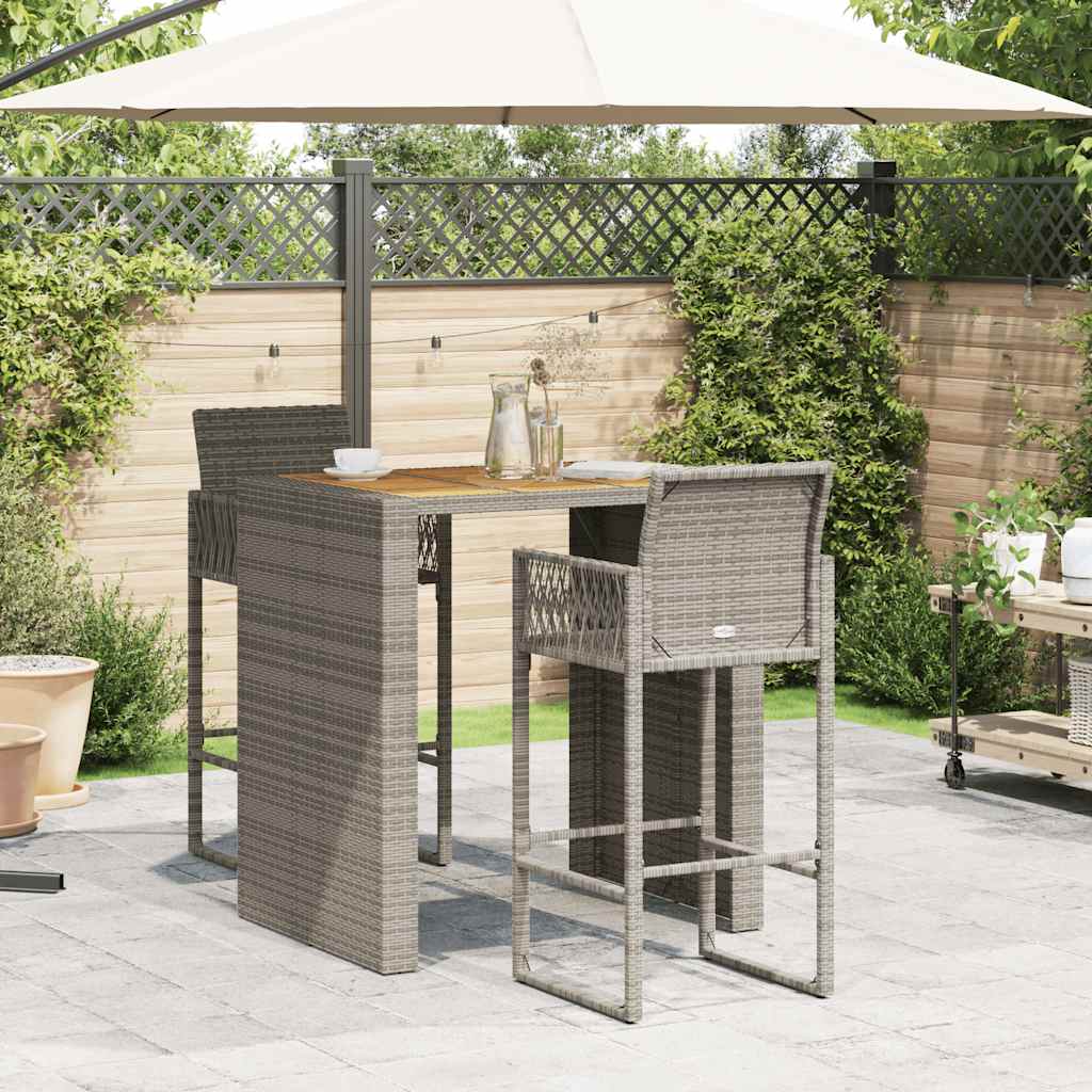3 Pcs conj. bar jardim sem almofadões vime PE/acácia cinzento