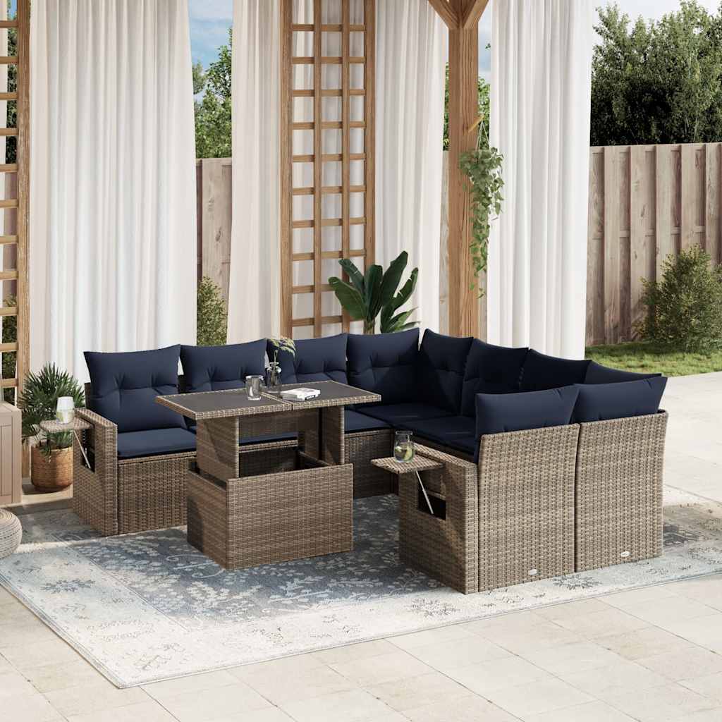 Conjunto de sofá de jardim de 9 peças com almofadas em rattan sintético cinza