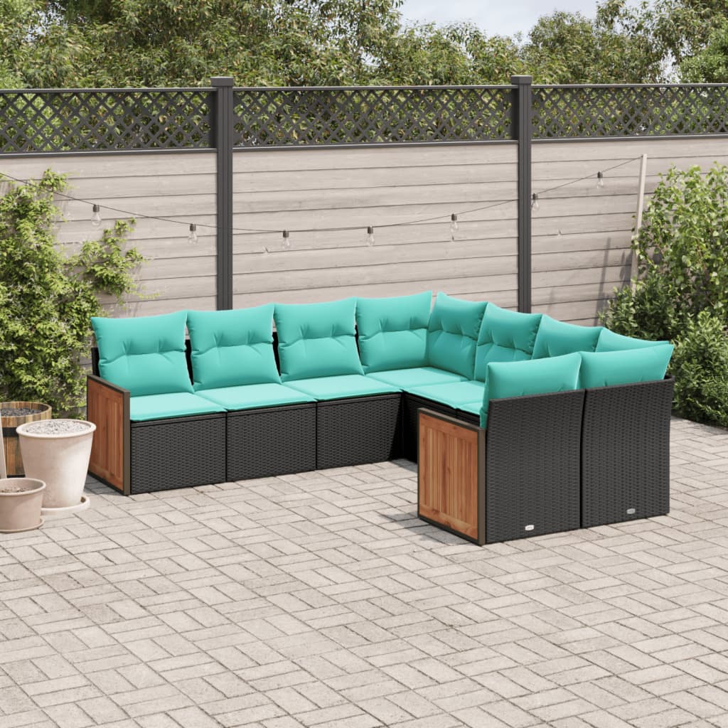 Conjunto de sofá de jardim com 8 peças e almofadas em rattan sintético preto