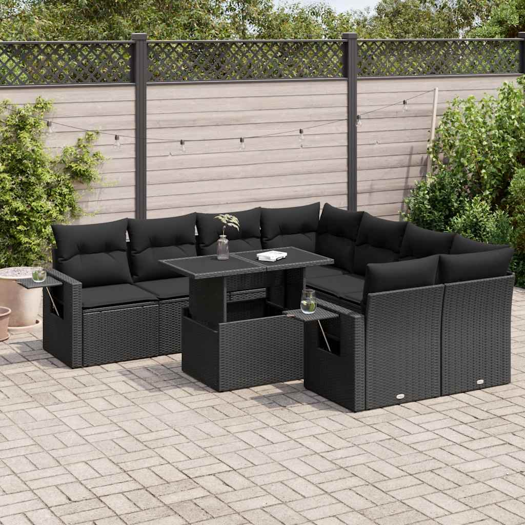 9 Pcs conjunto de sofás p/ jardim c/ almofadões vime PE preto