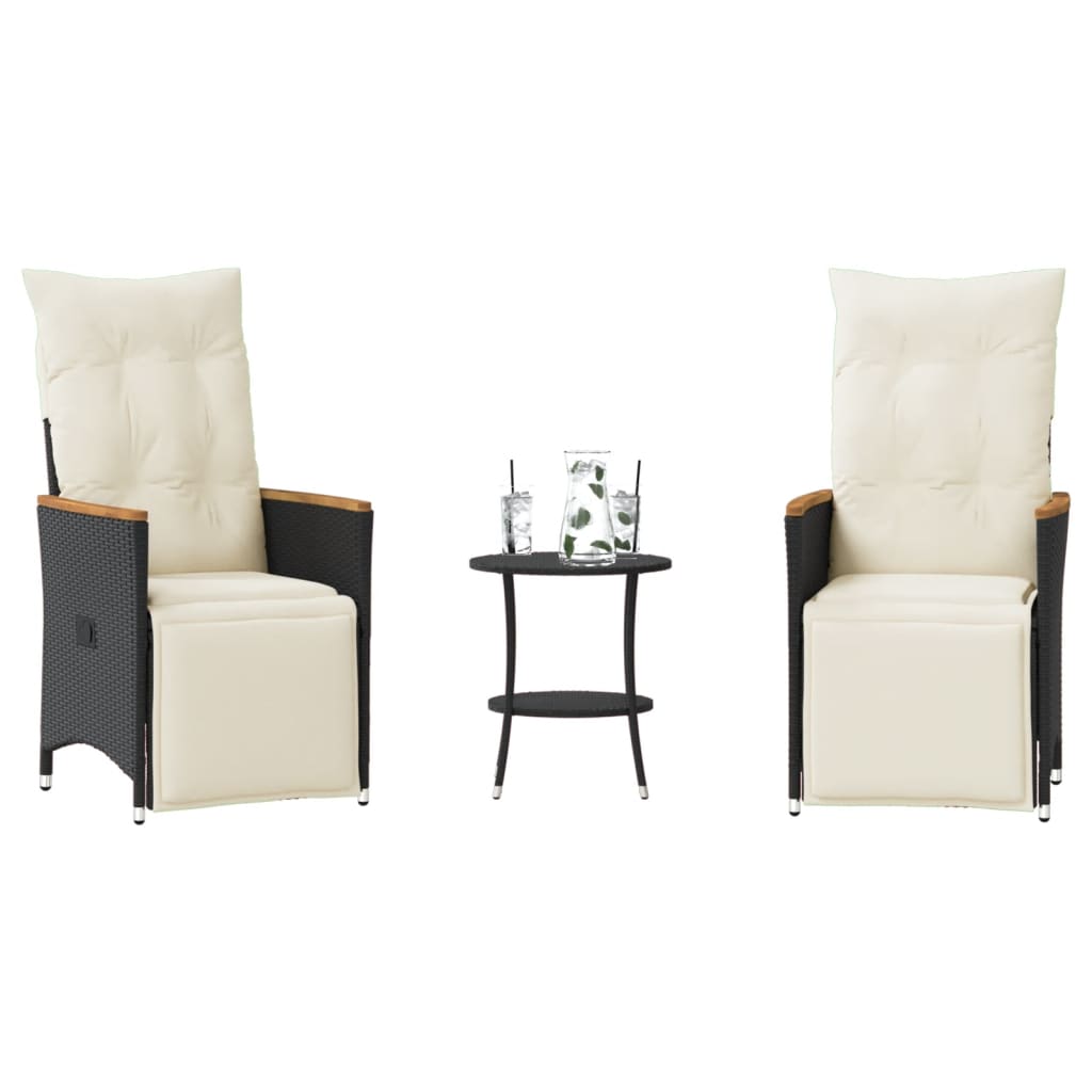 3 Pcs conjunto de bistrô com almofadões vime PE preto