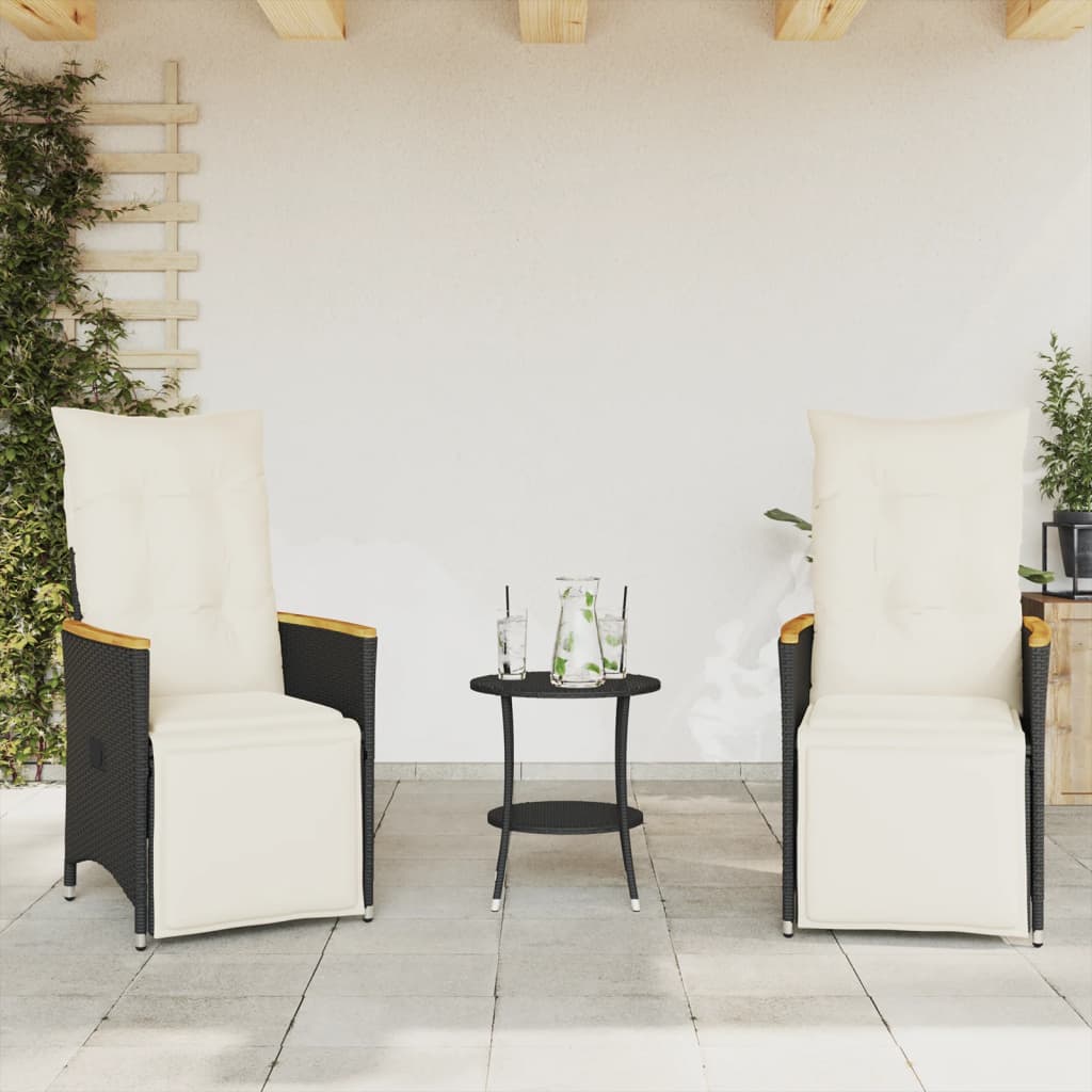 3 Pcs conjunto de bistrô com almofadões vime PE preto