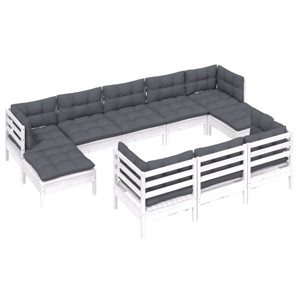 10 Pcs conj. lounge de jardim c/ almofadões pinho maciço branco