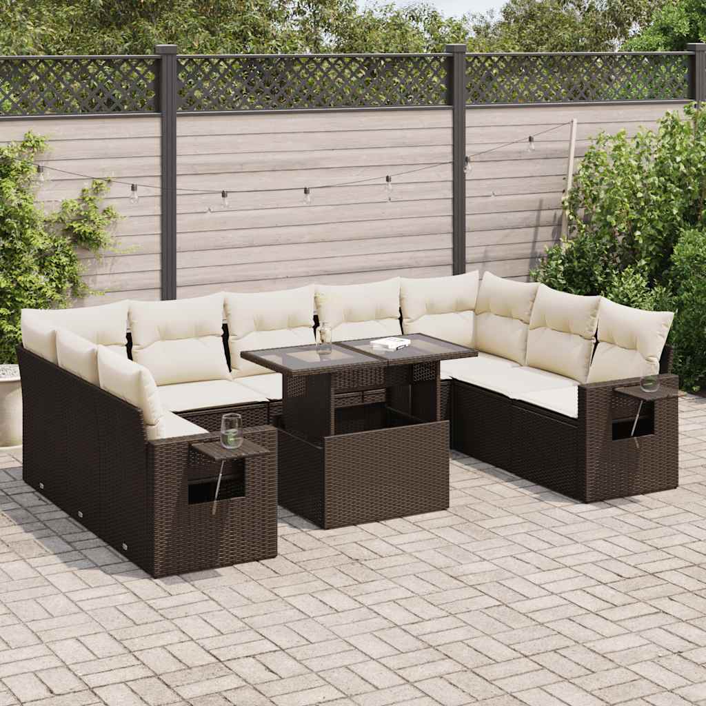 10 Pcs conj. sofás jardim com almofadões vime PE castanho