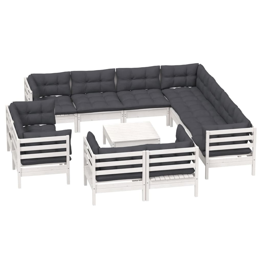 12 Pcs conj. lounge de jardim c/ almofadões pinho maciço branco