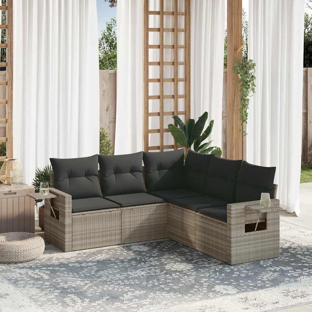 5 Pcs conj. sofás jardim c/ almofadões vime PE cinzento-claro