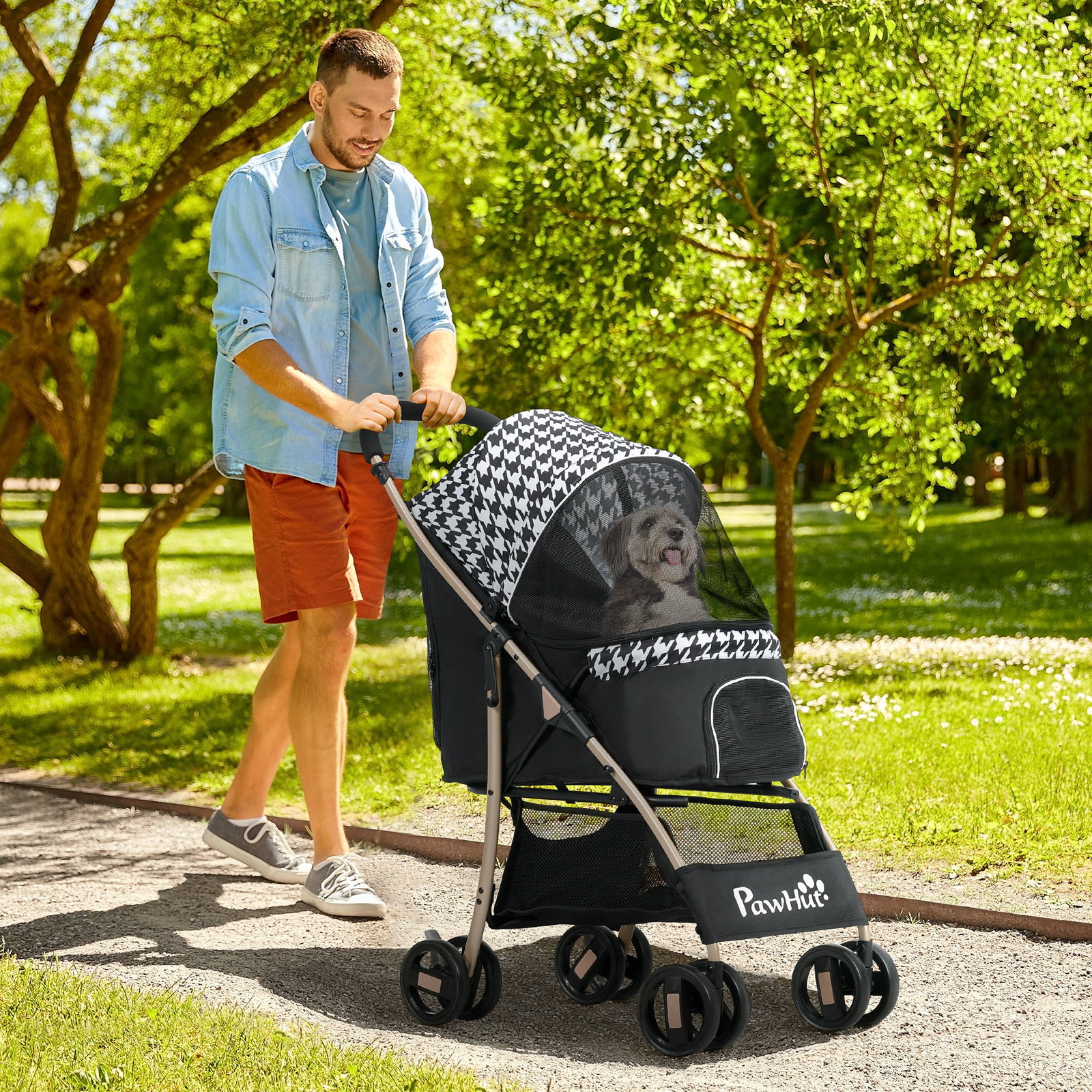 Carrinho para cães carrinho para animais de estimação com janela de malha e cinto de segurança 80x44,5x97 cm preto