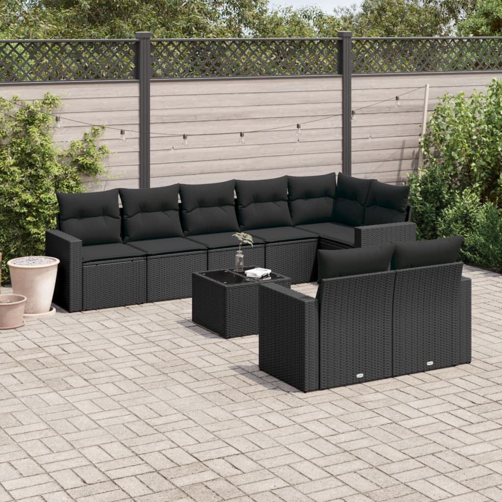 9 Pcs conjunto de sofás p/ jardim c/ almofadões vime PE preto