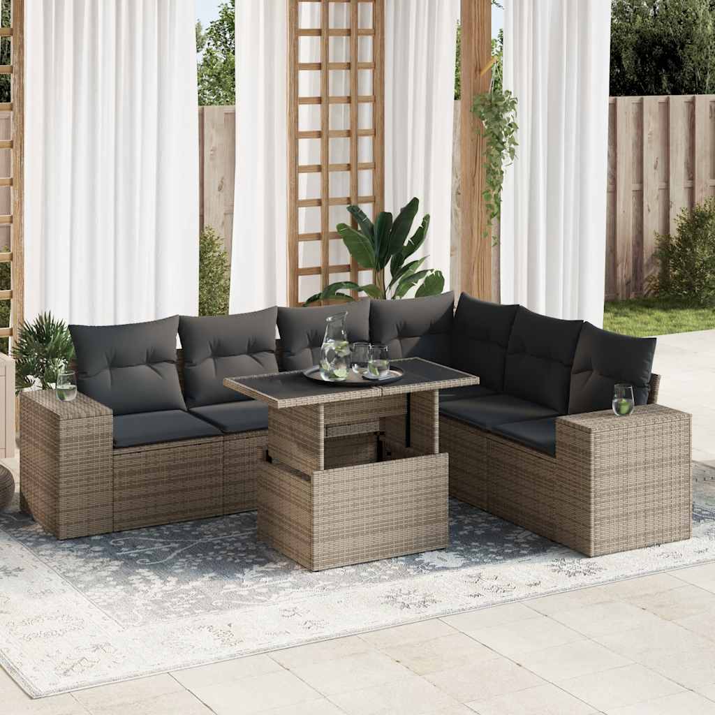 7 Pcs conjunto sofás p/ jardim c/ almofadões vime PE cinzento