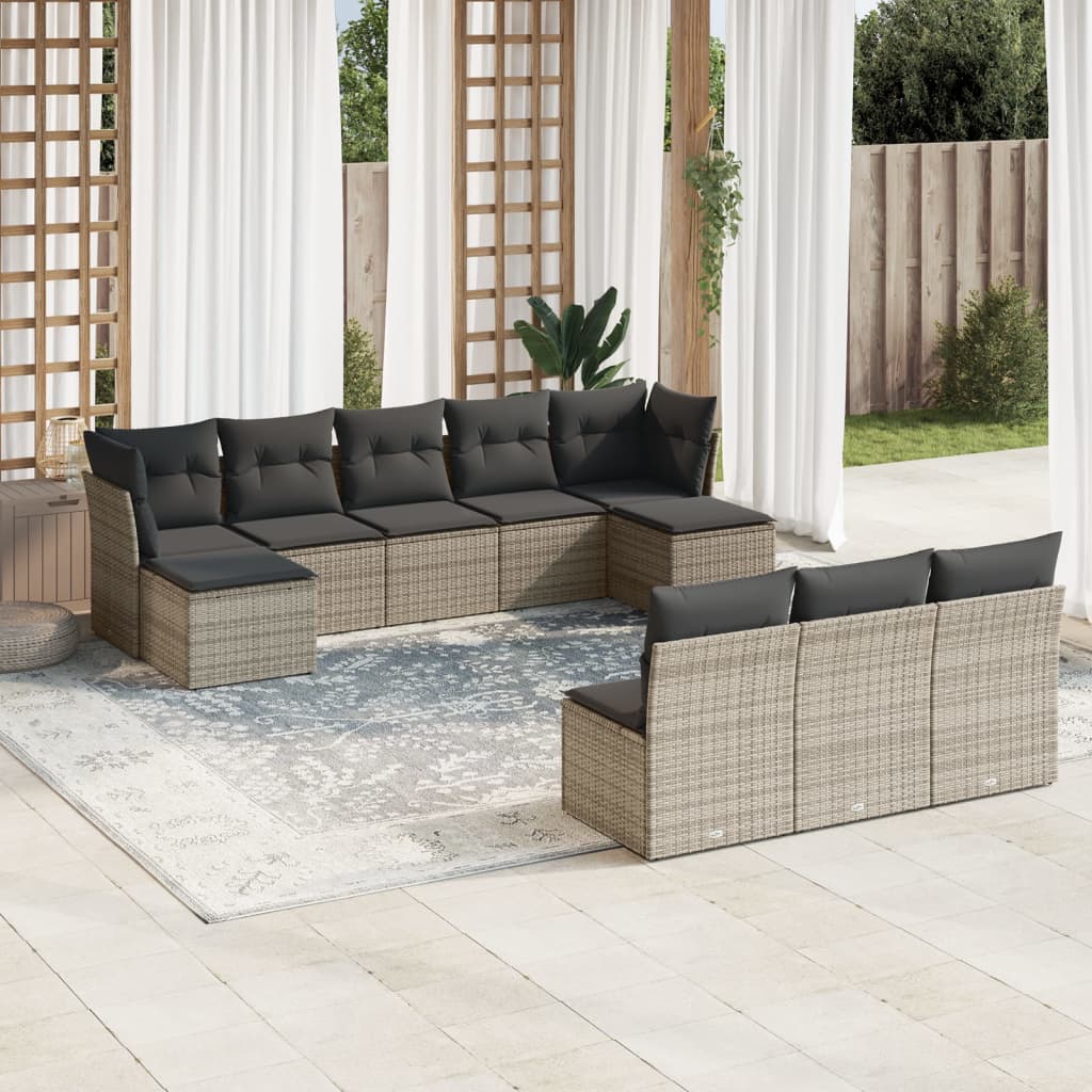 10 Pcs conjunto sofás de jardim c/ almofadões vime PE cinzento