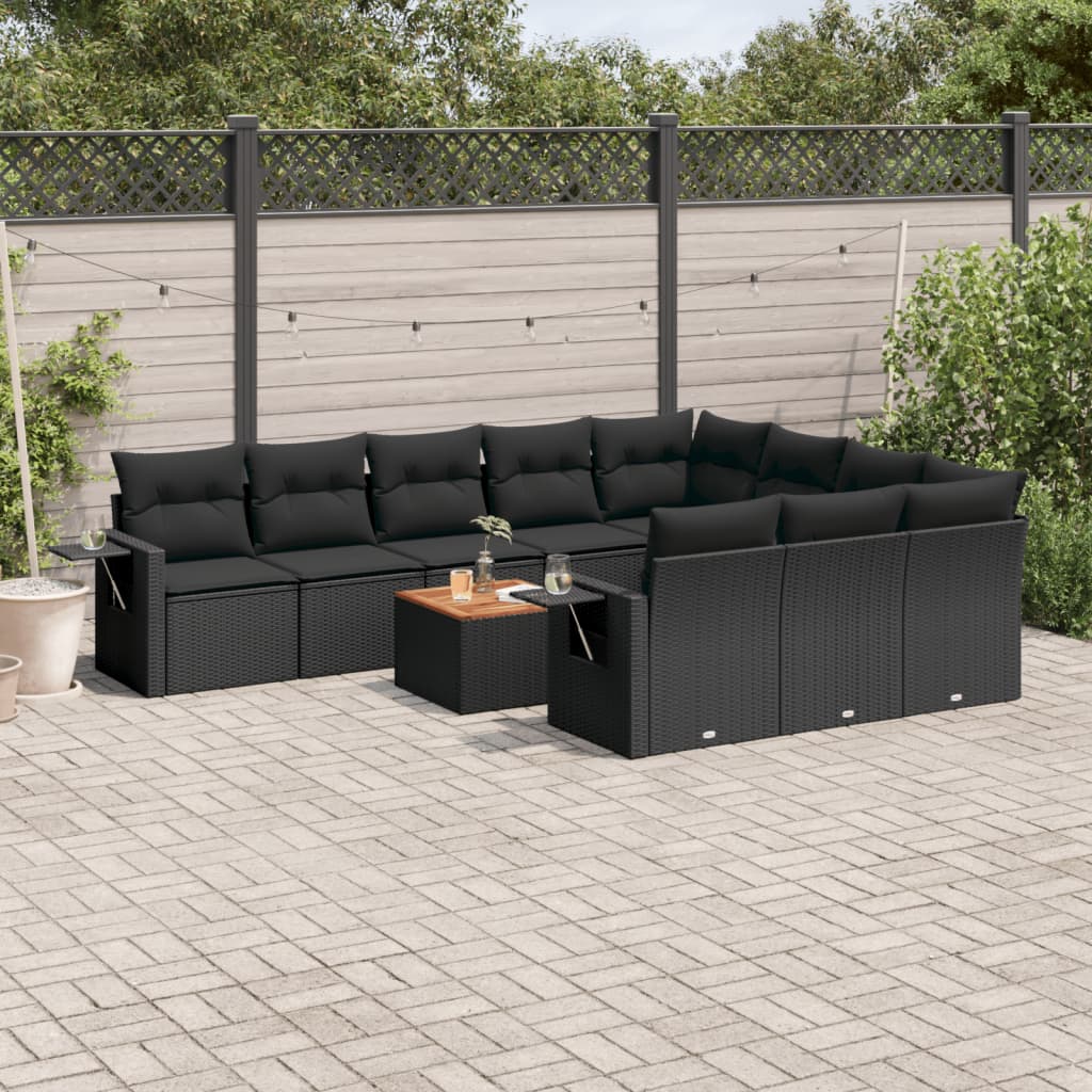 11 Pcs conjunto sofás de jardim c/ almofadões vime PE preto