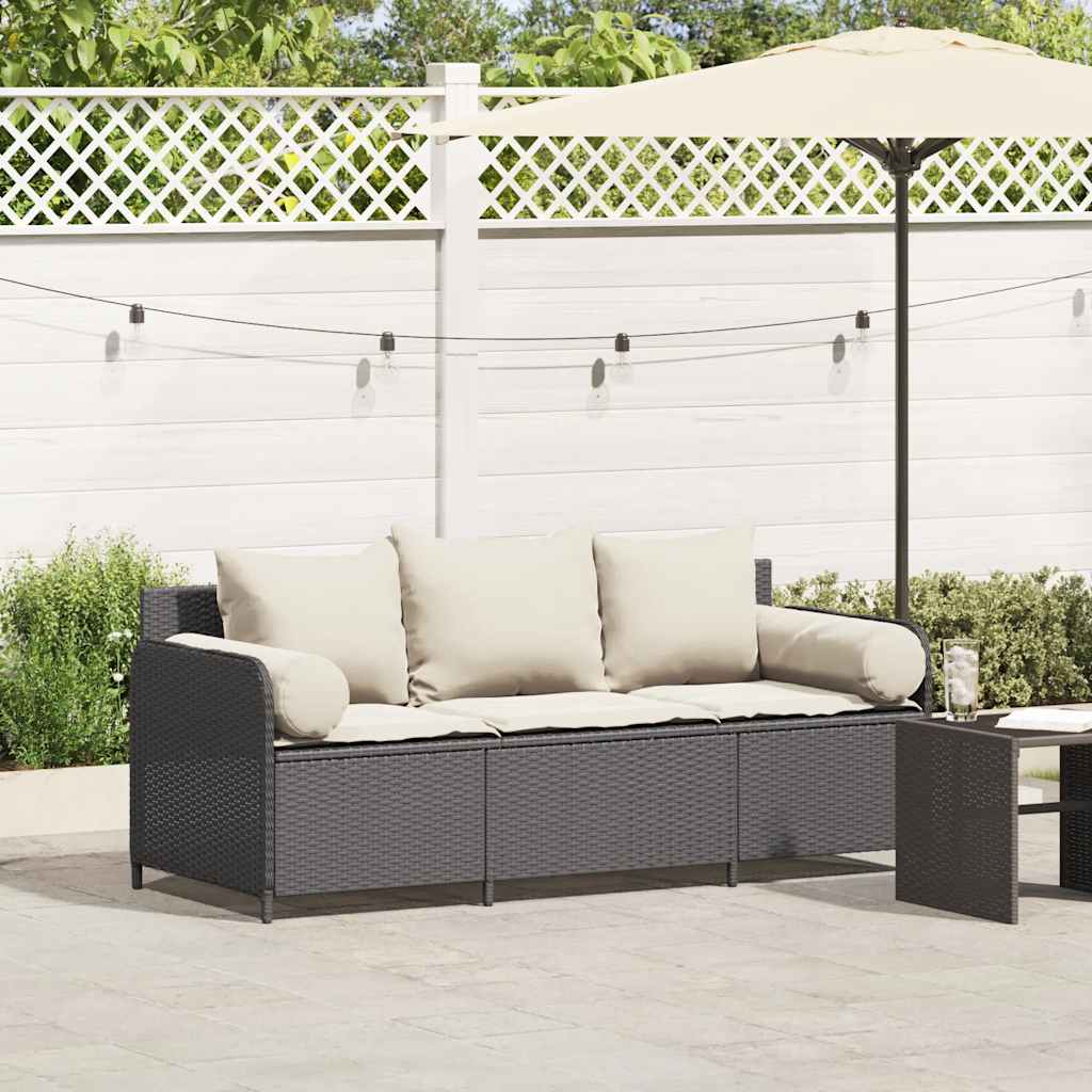 Sofá de jardim 3 lugares com almofadões vime PE preto
