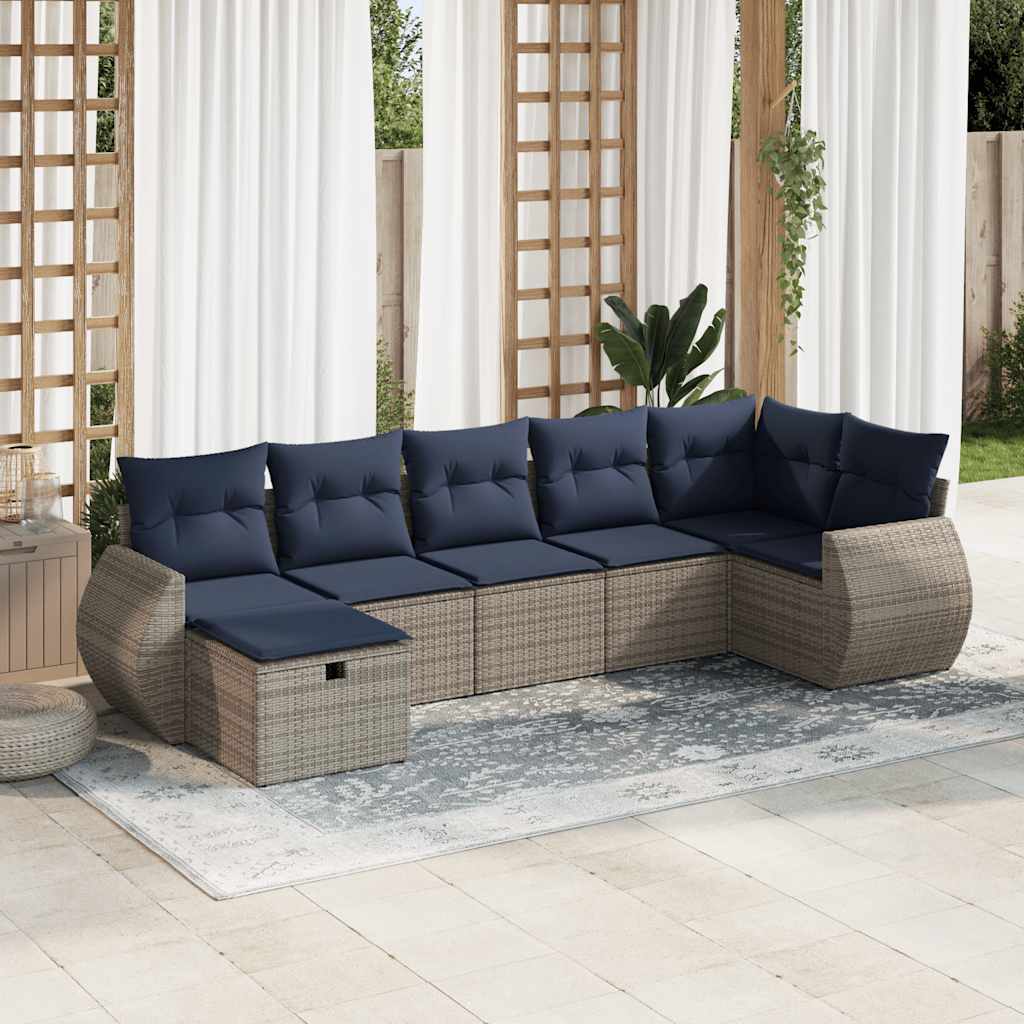 7 Pcs conjunto sofás p/ jardim c/ almofadões vime PE cinzento