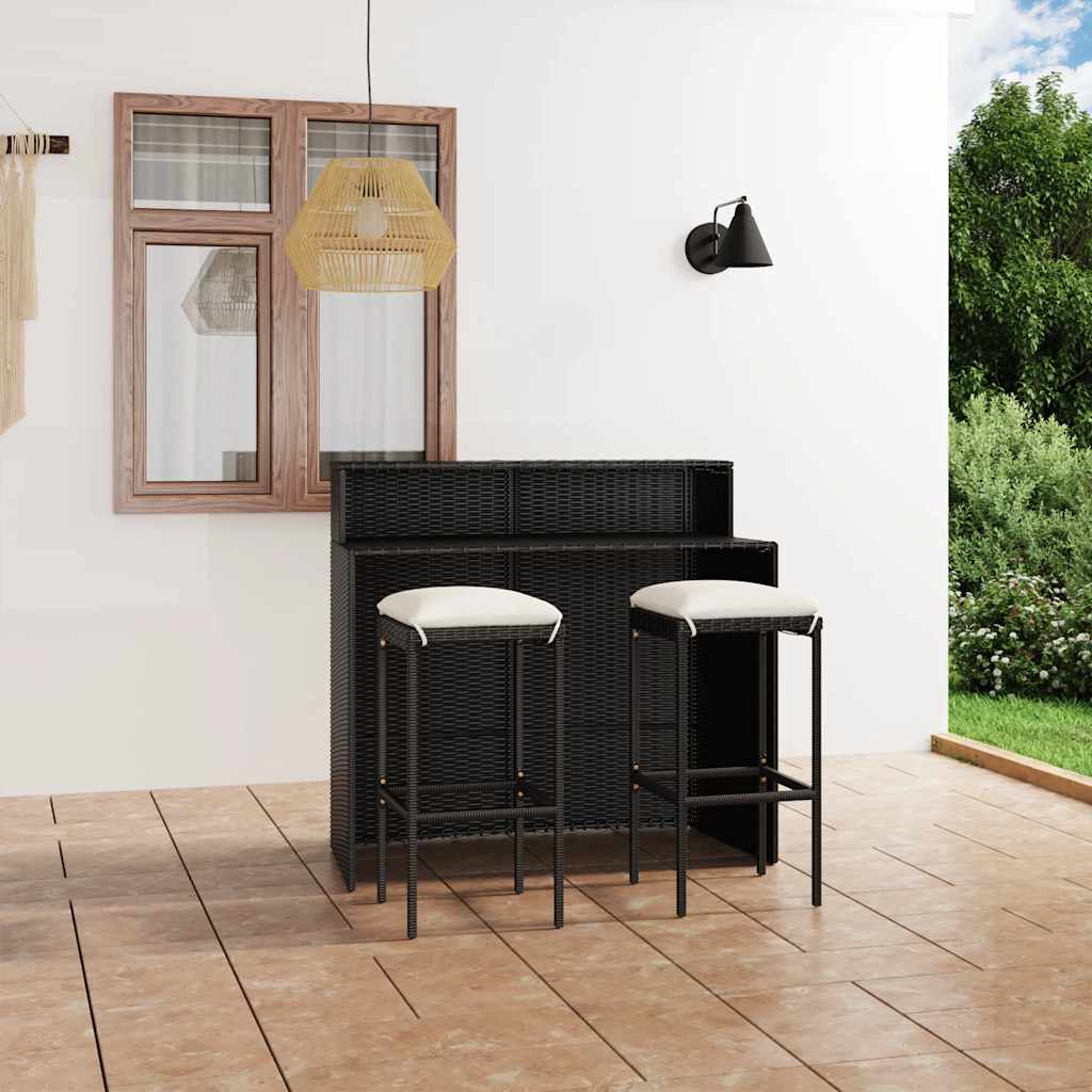 3 Pcs conjunto de bar para jardim com almofadões preto