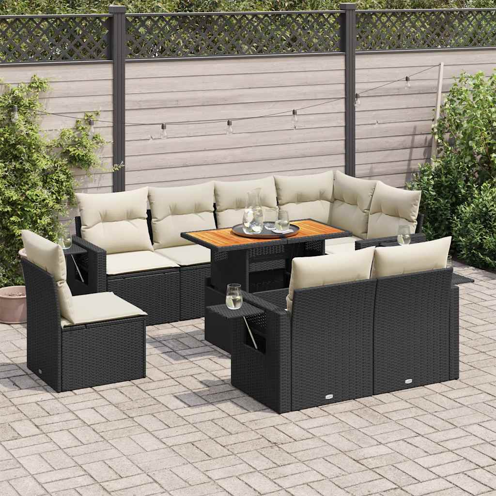 9 Pcs conjunto de sofás p/ jardim c/ almofadões vime PE preto