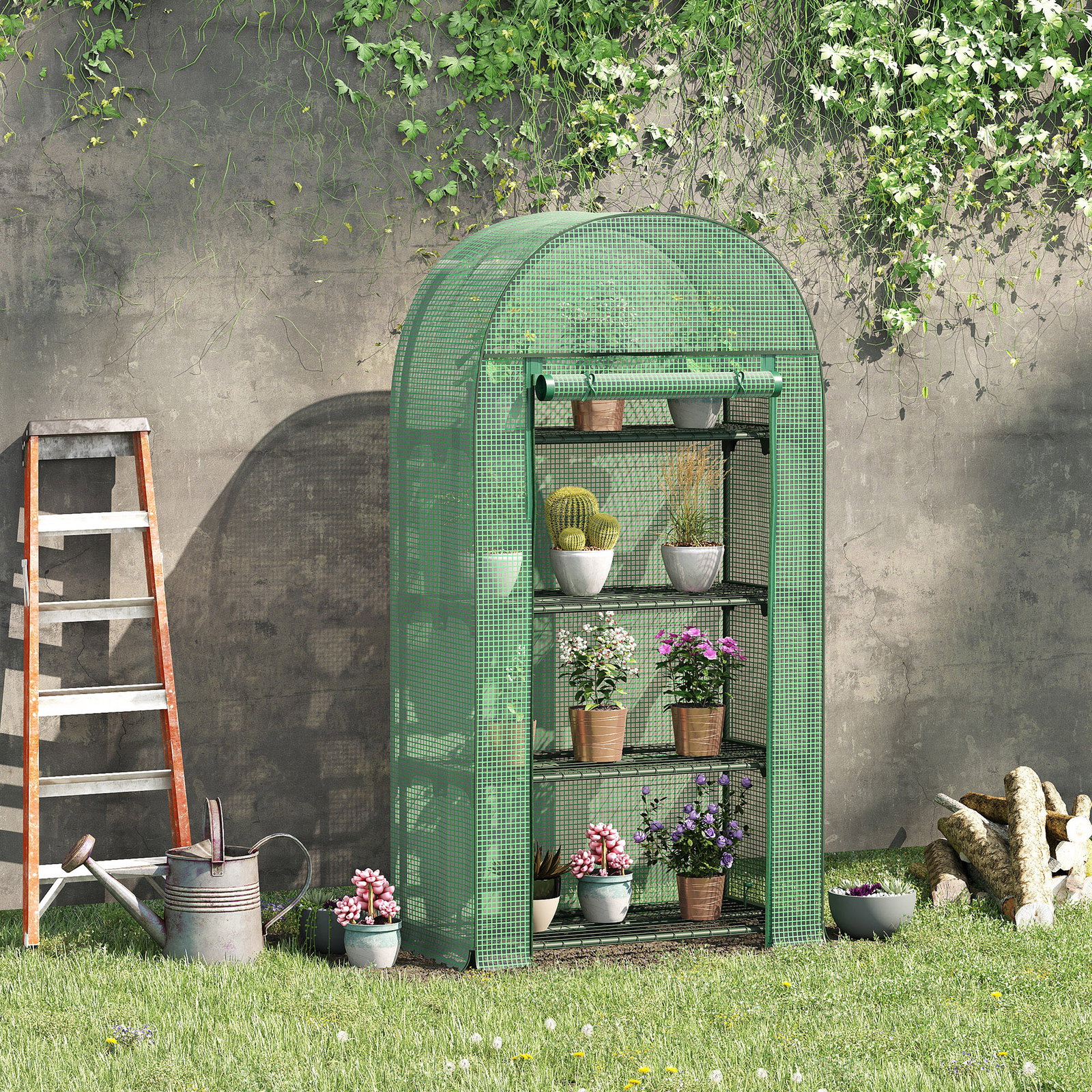 Estufa de Jardim com 4 Prateleiras Metálicas Porta Enrolável e Cobertura de PE Estufa de Varanda para Cultivo de Plantas Flores