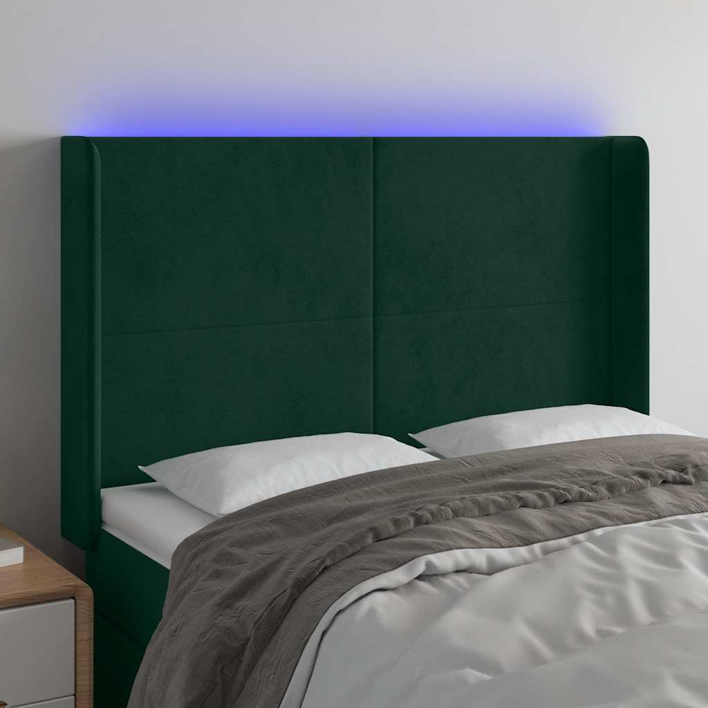 Cabeceira de cama c/ LED veludo 147x16x118/128 cm verde-escuro