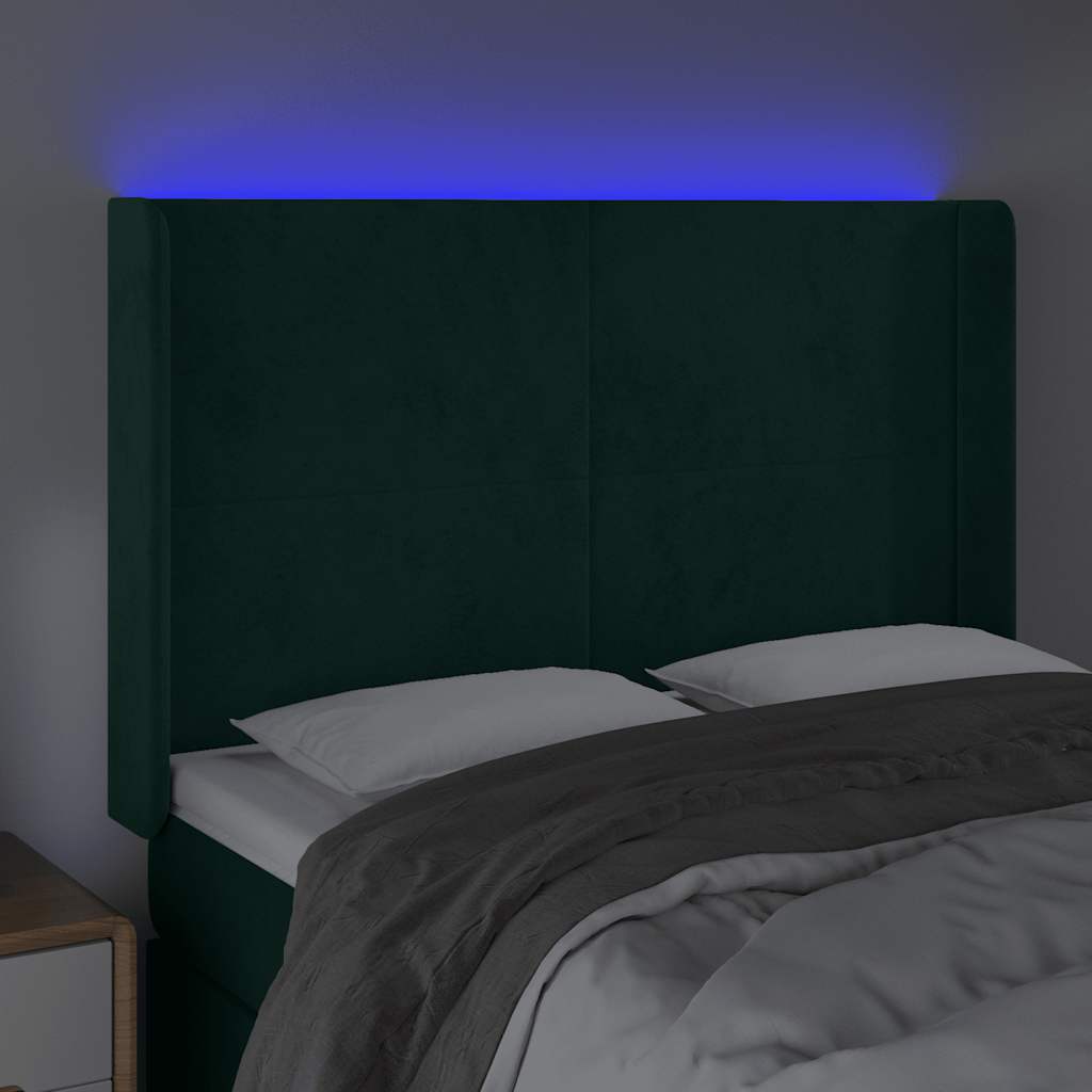 Cabeceira de cama c/ LED veludo 147x16x118/128 cm verde-escuro