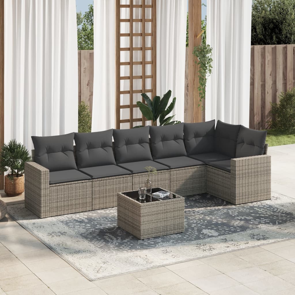 7 Pcs conjunto sofás p/ jardim c/ almofadões vime PE cinzento