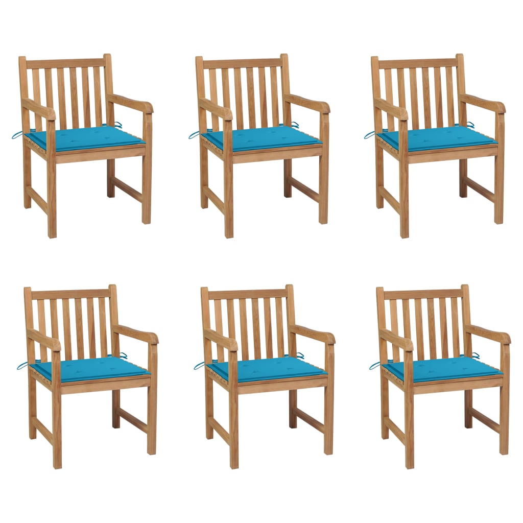 Cadeiras de jardim c/ almofadões azuis 6 pcs teca maciça