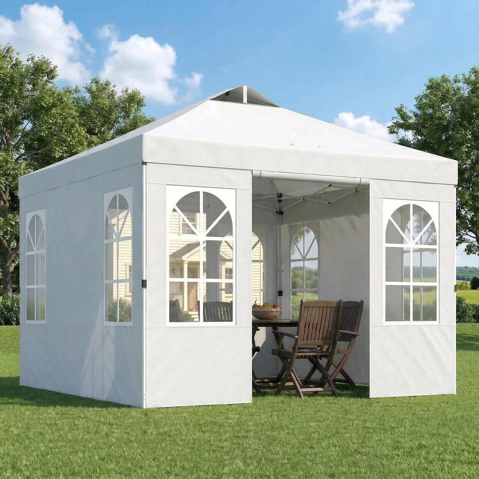 Tenda dobrável 3x3 m pop-up com upf 50+, 4 laterais removíveis, altura ajustável e bolsa de transporte, branco