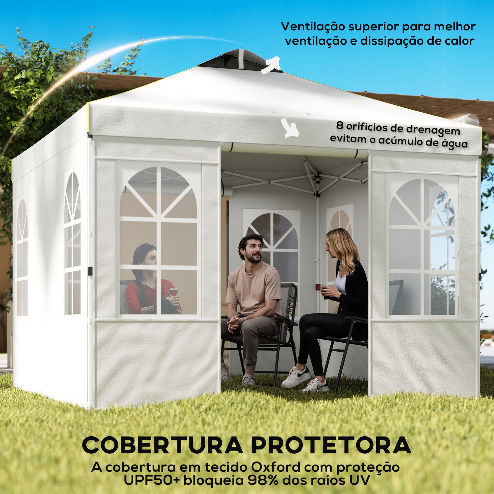 Tenda dobrável 3x3 m pop-up com upf 50+, 4 laterais removíveis, altura ajustável e bolsa de transporte, branco