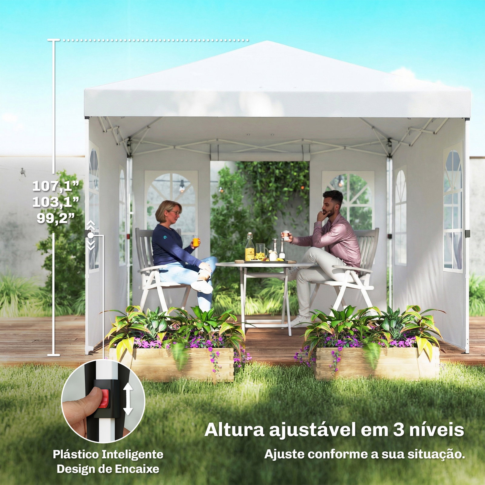 Tenda dobrável 3x3 m pop-up com upf 50+, 4 laterais removíveis, altura ajustável e bolsa de transporte, branco