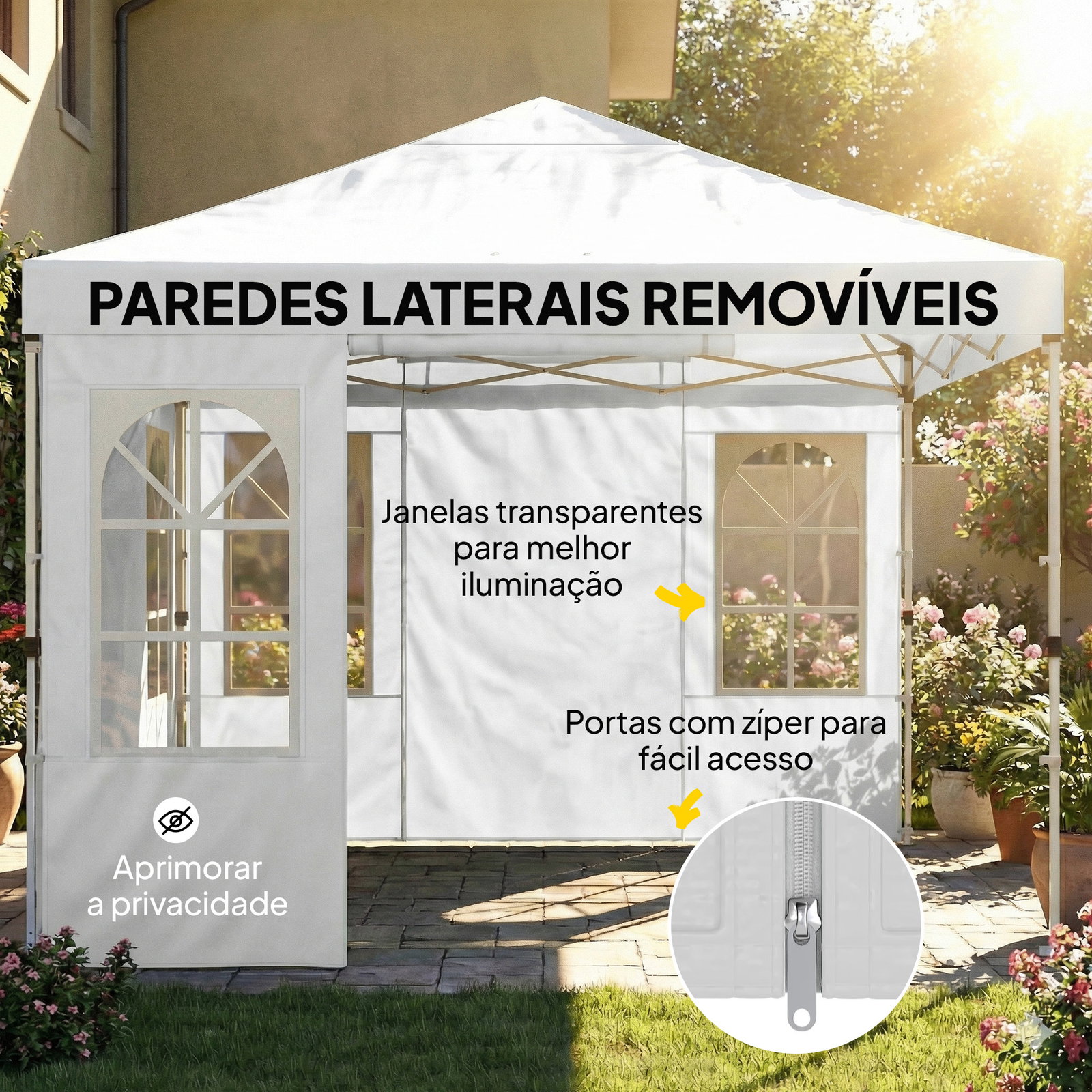 Tenda dobrável 3x3 m pop-up com upf 50+, 4 laterais removíveis, altura ajustável e bolsa de transporte, branco
