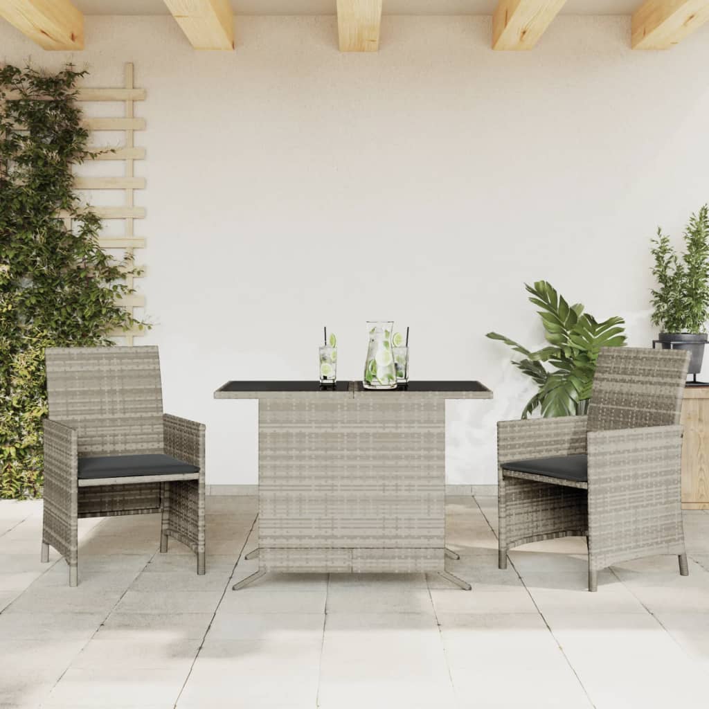 3 Pcs conjunto bistrô com almofadões vime PE cinzento claro