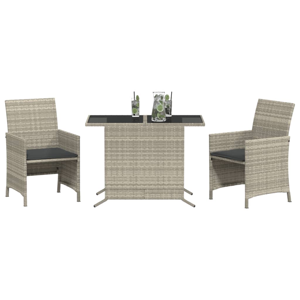 3 Pcs conjunto bistrô com almofadões vime PE cinzento claro