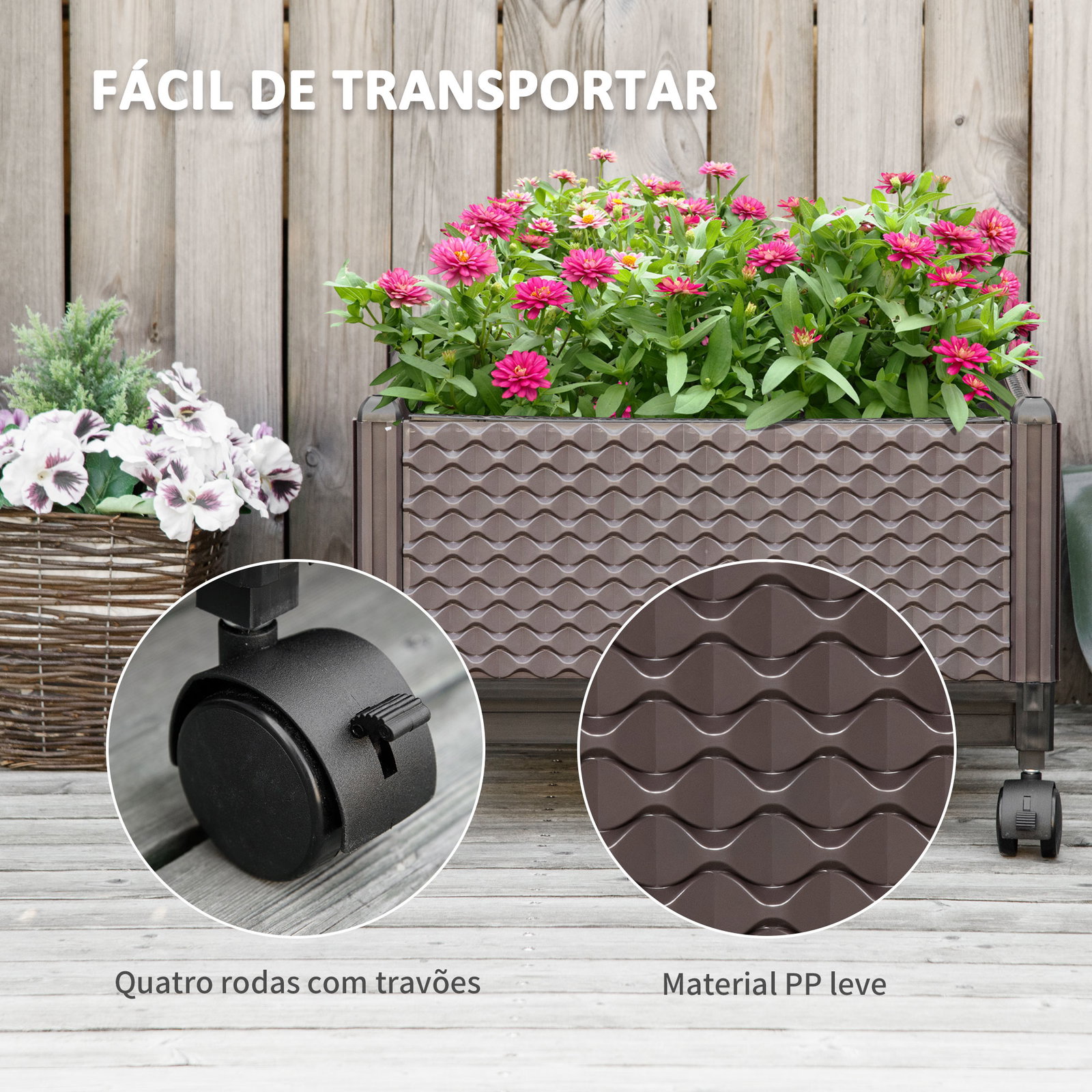 Floreira com Rodas com Orifícios de Drenagem para Cultivo de Plantas em Exterior Pátio 50x50x33cm Marrom
