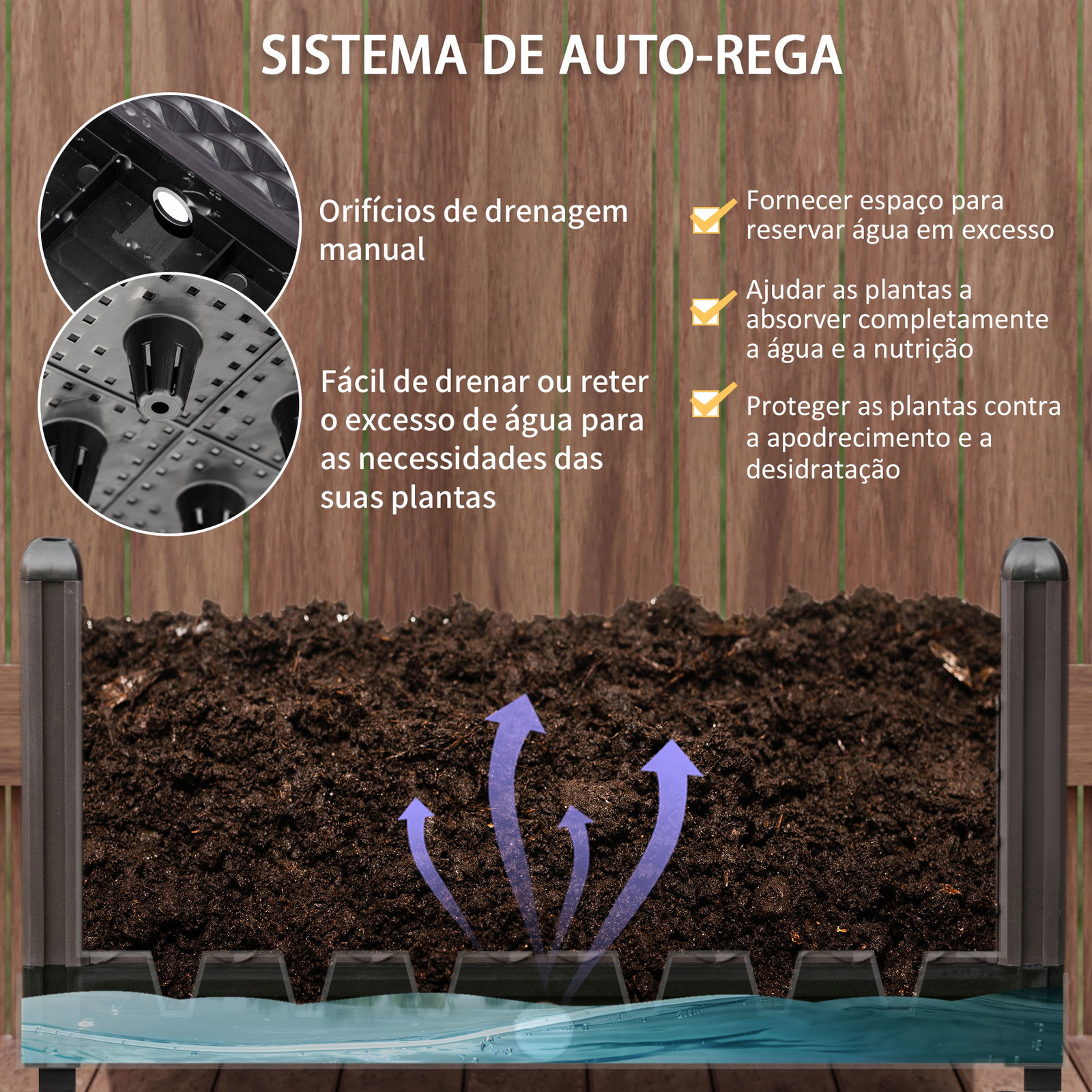 Floreira com Rodas com Orifícios de Drenagem para Cultivo de Plantas em Exterior Pátio 50x50x33cm Marrom
