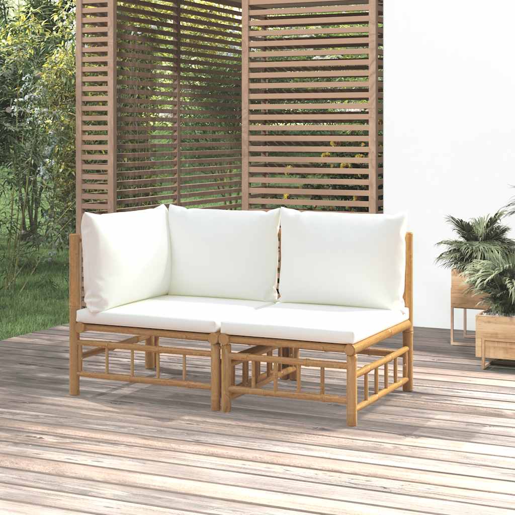 2 Pcs conjunto lounge de jardim bambu c/ almofadões branco nata