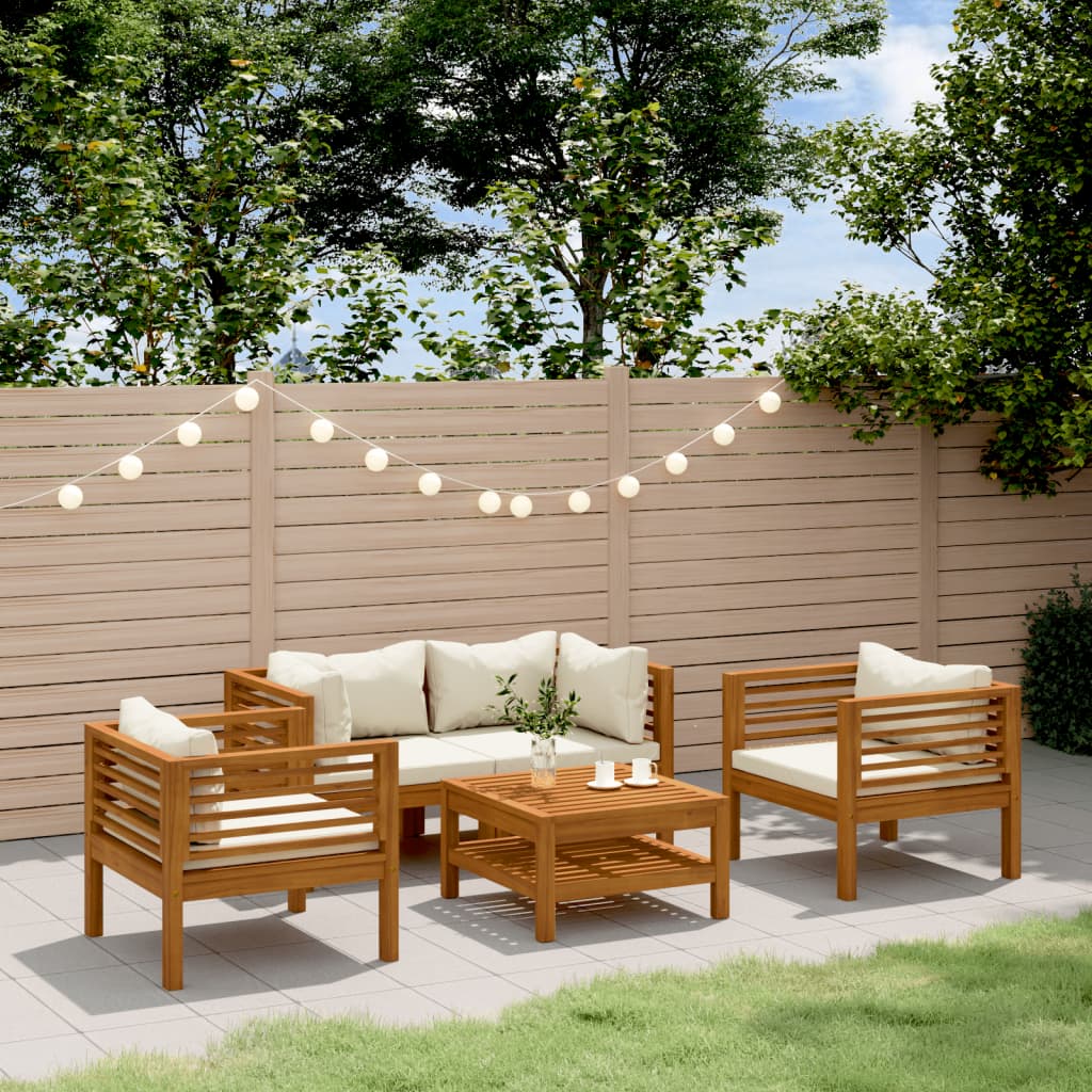 5 Pcs conjunto lounge jardim c/ almofadões creme acácia maciça