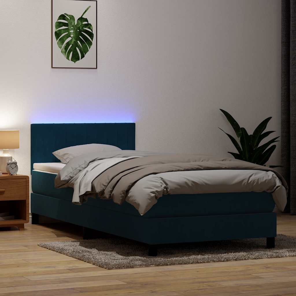 Cama box spring c/ colchão e LED 80x220 cm veludo azul-escuro