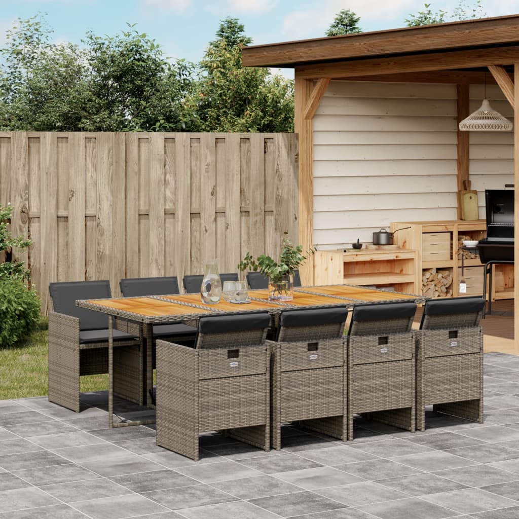 9 Pcs conjunto de jantar p/ jardim c/ almofadões vime PE cinza